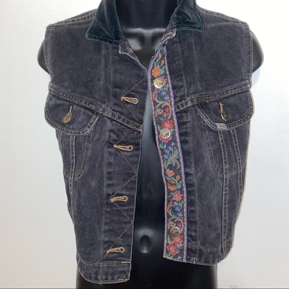 💔SOLD 🛑 LEE Vintage denim vest black velvet collar with floral button trim - Picture 5 of 9